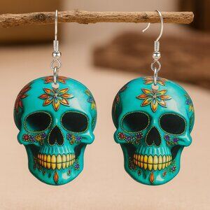 Sugar Skull Earrings: Floral Acrylic Pendant, Stainless Steel